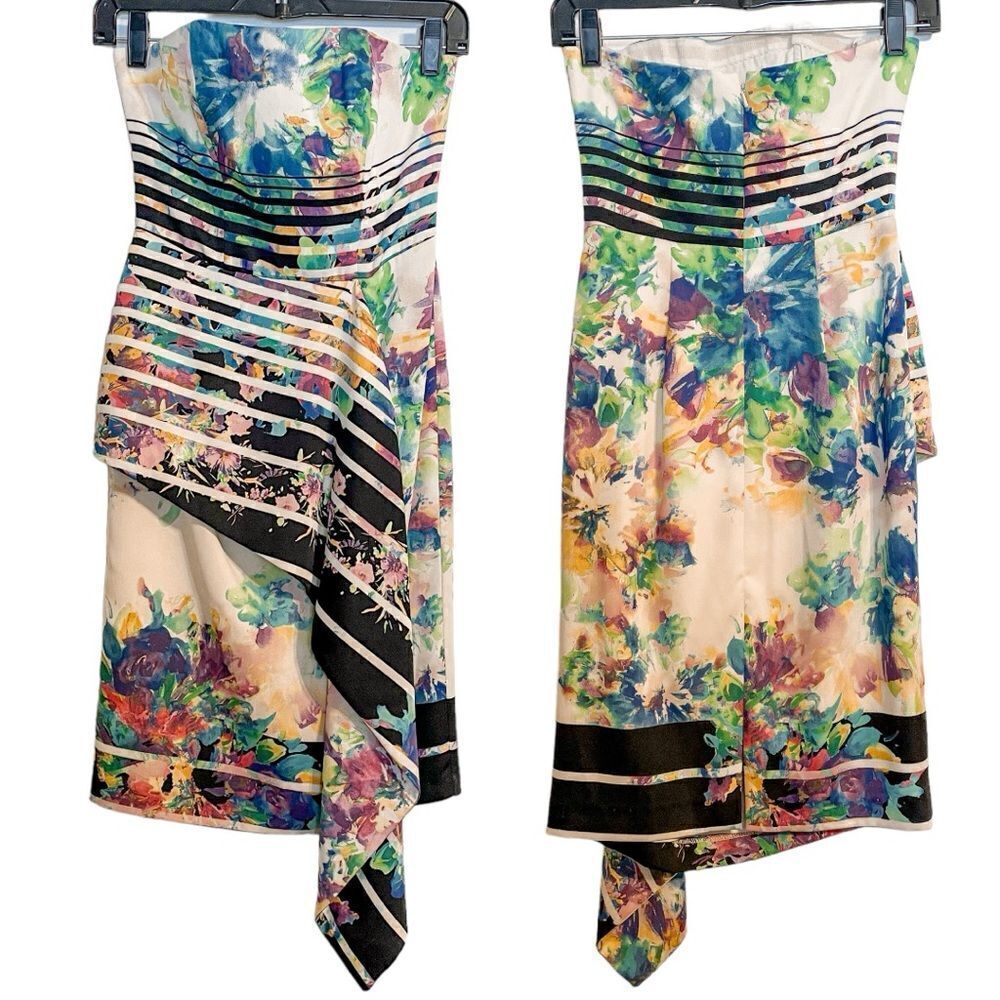 Black Halo Blythe Strapless Floral Stripe Mini Dress 0